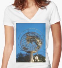 Globe, Happiness, Building, Skyscraper, New York, Manhattan, Street, Pedestrians, Cars, Towers, morning, trees, subway, station, Spring, flowers, Brooklyn Women's Fitted V-Neck T-Shirt