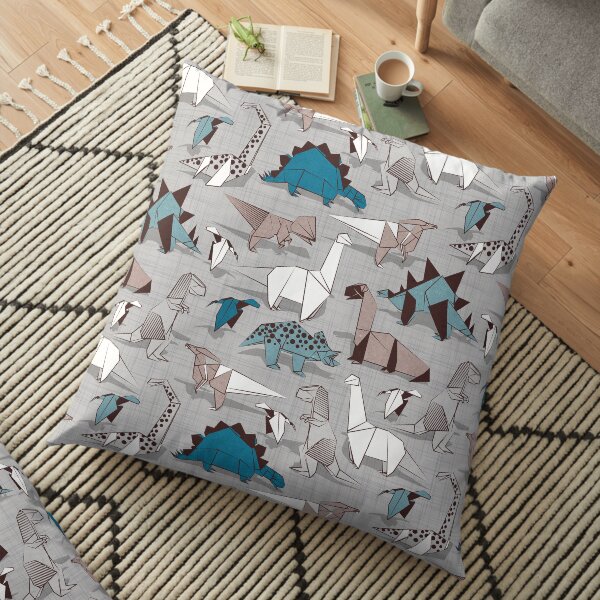 Origami dino friends // grey linen texture background blue white and beige dinosaurs Floor Pillow