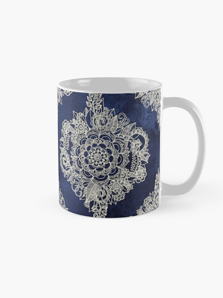 "Cream Floral Moroccan Pattern on Deep Indigo Ink" Mug by ...