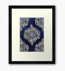 Cream Floral Moroccan Pattern on Deep Indigo Ink Framed Print