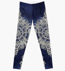 Cream Floral Moroccan Pattern on Deep Indigo Ink Leggings