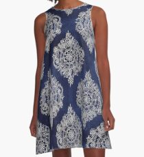 Cream Floral Moroccan Pattern on Deep Indigo Ink A-Line Dress