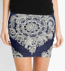 Cream Floral Moroccan Pattern on Deep Indigo Ink Mini Skirt