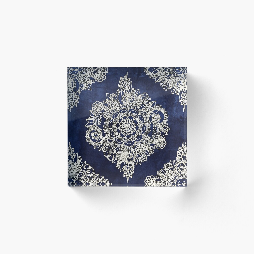 Cream Floral Moroccan Pattern on Deep Indigo Ink Acrylic Block
