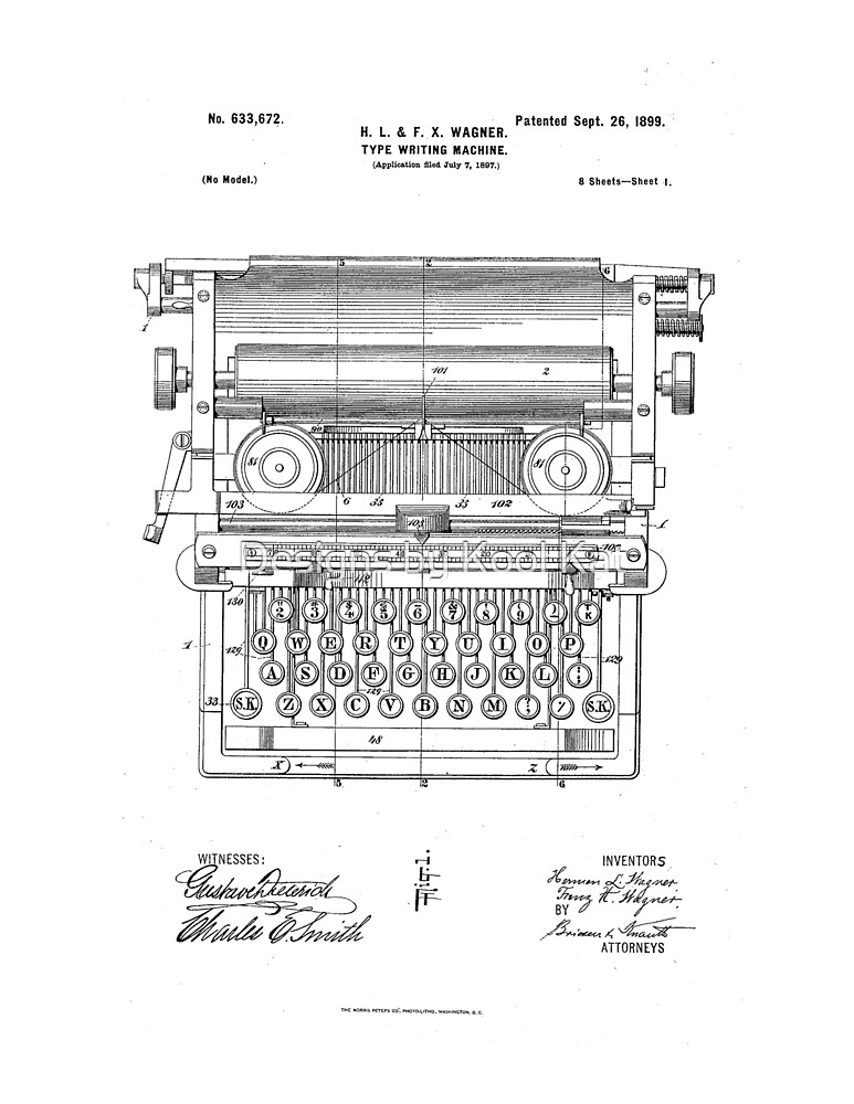"Underwood Vintage Antique Typewriter Patent Drawing Design" by Designs