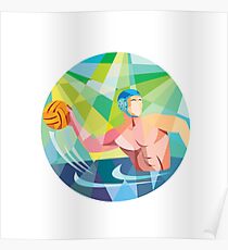 Water Polo Player Throw Ball Circle Low Polygon Poster
