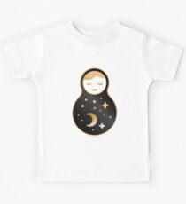 Russian doll matrioshka Babushka, Stars, moon, constellation, night sky. Black gold on brown background Kids Tee