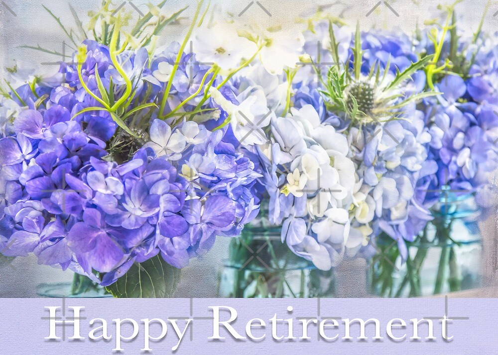 "Happy Retirement Purple & White Hydrangeas In Mason Jars " by daphsam