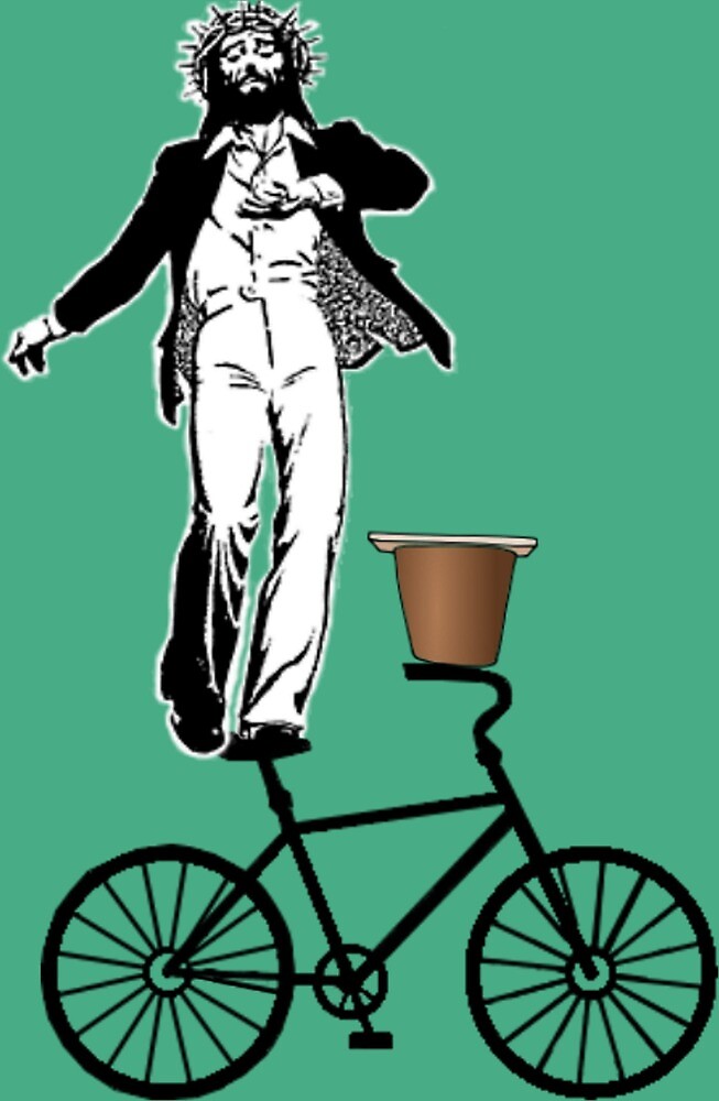 «Jesus H. Tapdancing Christ en una bicicleta con un lado de pudín.» de