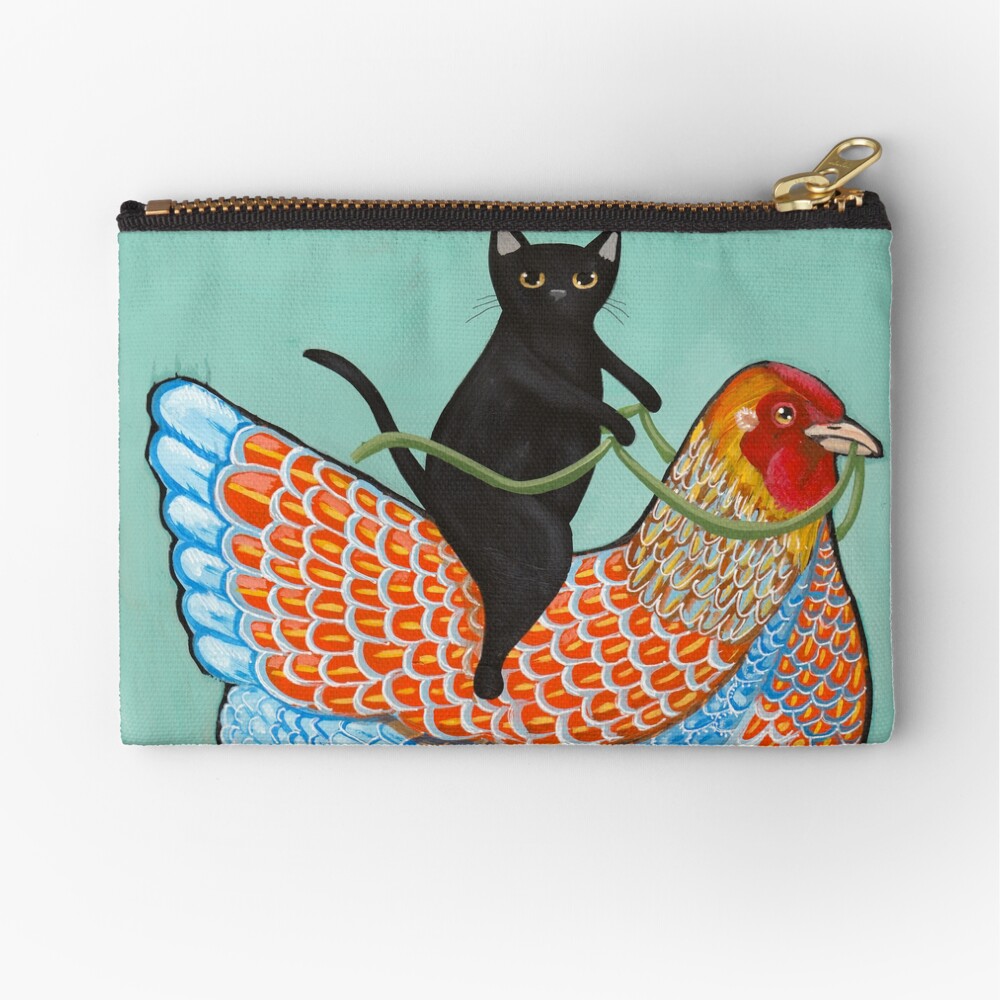 Chicken Ride Wyandotte and Black Cat Zipper Pouch