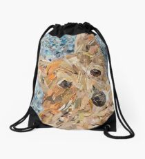 buff corgi on blue confetti Drawstring Bag