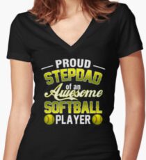 T-Shirt For Step Dad From Softball Player Father's Day Tee. Women's Fitted V-Neck T-Shirt