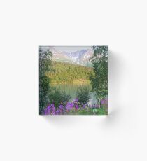 Alaskan lake, wildflowers and mountains Acrylic Block