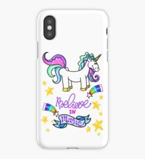 Ullistration with unicorn isolated on white background. hand drawn lettering Believe in magic iPhone Case