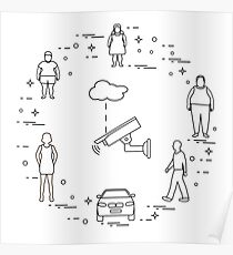 Security camera, boy, woman, girl, men, car. Poster