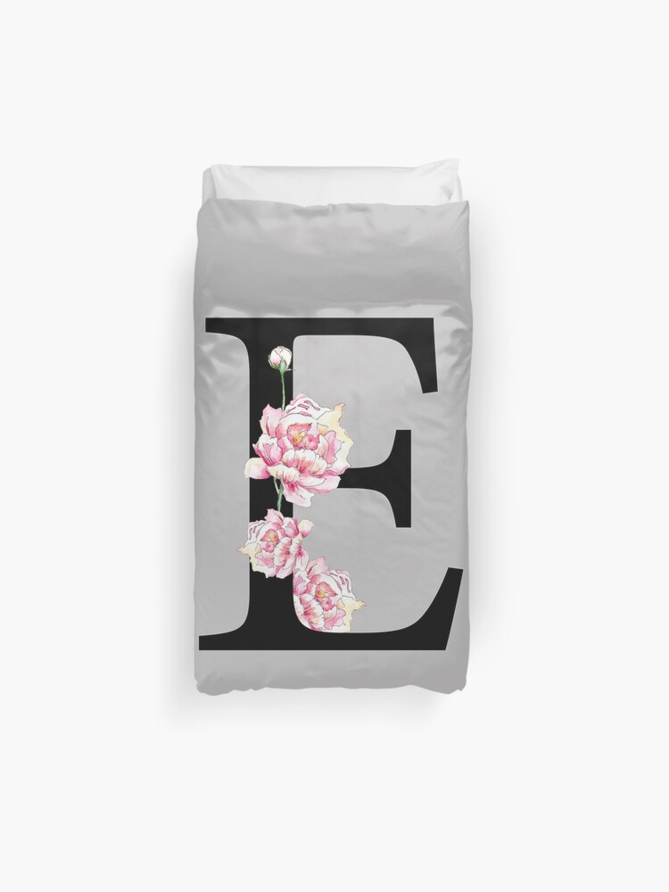 Letter E Peonies Floral Uppercase Alphabet Watercolor Duvet