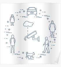 Security camera, dog, women, girl, man, car. Poster