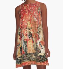 DAME UND EINHORN, GERUCH, Löwe, Fantasie-Blumen, Tiere rotes grünes Blumen A-Linien Kleid