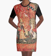 LADY AND UNICORN ,SMELL ,Lion,Fantasy Flowers,Animals Red Green Floral Graphic T-Shirt Dress
