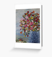 Flowers in Blue Crystal Vase - oil on canvas Greeting Card