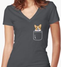 Corgi im Taschen-lustigen netten Welpen-großen glücklichen Lächeln Shirt mit V-Ausschnitt