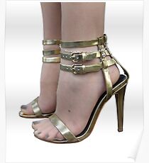 sexy female feet with golden high heel sandals Poster