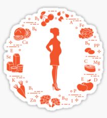 Pregnant woman and foods rich in vitamins. Sticker