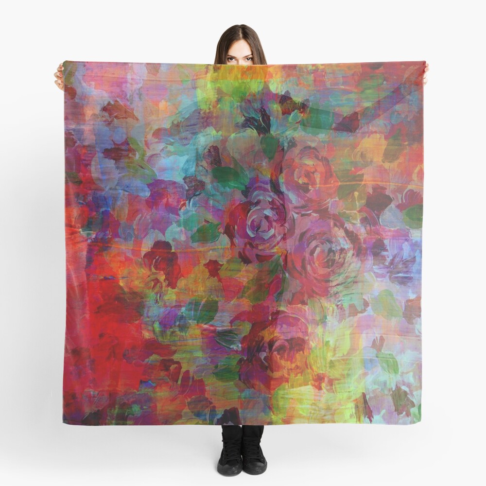 THROUGH ROSE-COLORED GLASSES Bold Rainbow Floral Multicolor Flower Garden Abstract Modern Painting Design Scarf