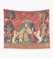 LADY AND UNICORN DESIRE ,Lion,Fantasy Flowers,Animals Red Green Floral Wall Tapestry