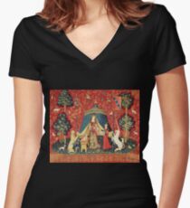 LADY AND UNICORN DESIRE, Löwe, Fantasieblumen, Tiere rot grün floral Shirt mit V-Ausschnitt