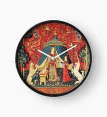 LADY AND UNICORN DESIRE ,Lion,Fantasy Flowers,Animals Red Green Floral Clock