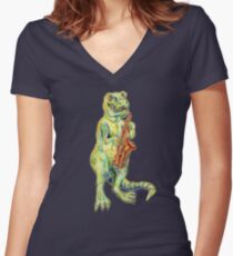 Jurassic Jazz - Tyrannosaurus Rex plays Saxophone Women's Fitted V-Neck T-Shirt