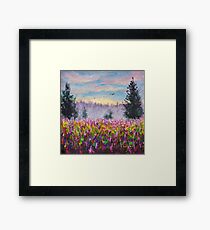 Flower glade field of purple flowers landscape - original oil painting for sale. Framed Print