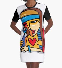 Woman with Cat - Line Graphic T-Shirt Dress