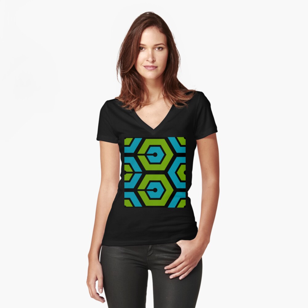 Geometric Pattern: Linked Hexagon: Blue/Green Fitted V-Neck T-Shirt
