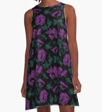 Purple flowers on black background A-Line Dress