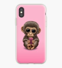 Cute Baby Monkey Holding a Pink Cell Phone iPhone Case