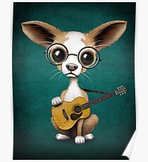 Póster Chihuahua Puppy Dog Playing Old Acoustic Guitar Teal