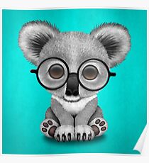 Cute Baby Koala Bear Cub Wearing Glasses on Blue Poster