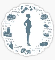 Pregnant woman and foods rich in vitamins. Sticker