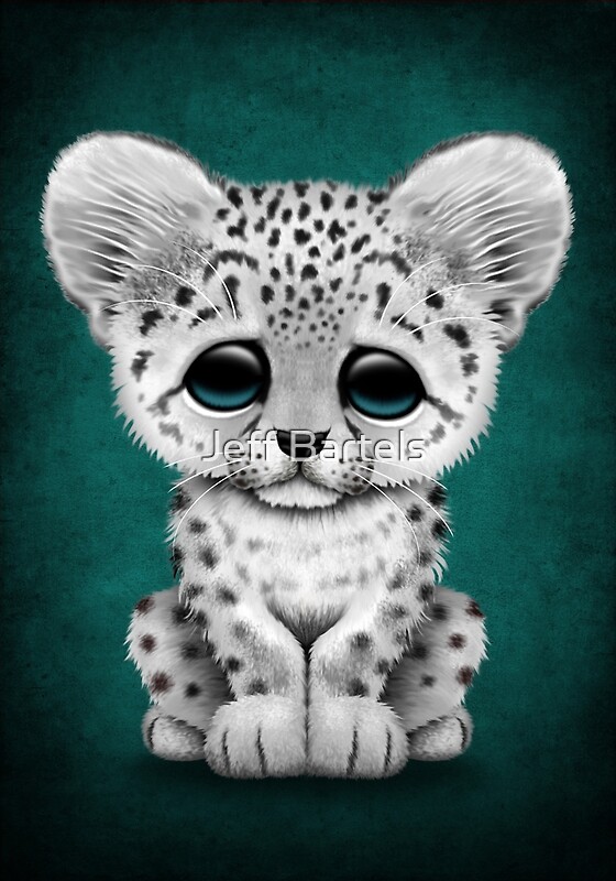 "Cute Baby Snow Leopard Cub on Teal Blue" Art Prints by ...