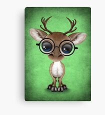 Cute Curious Nerdy Reindeer Wearing Glasses Green Canvas Print