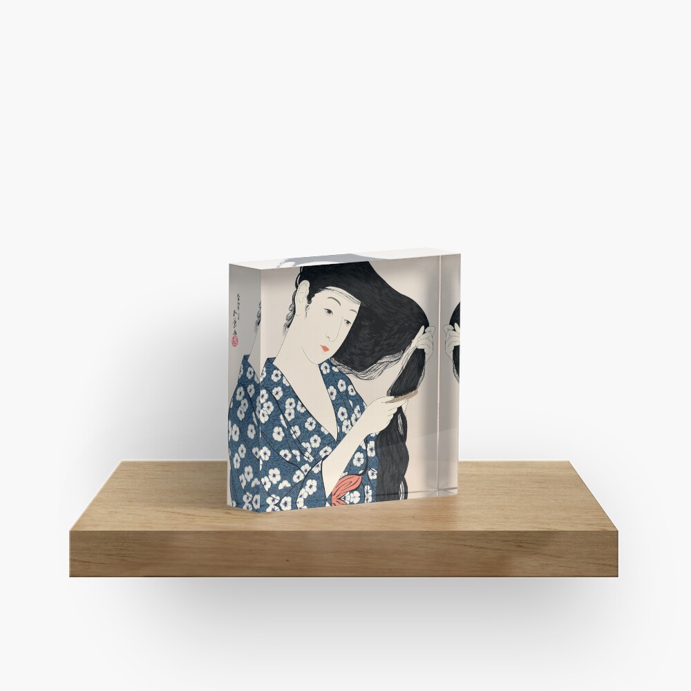 Hashiguchi Goyo - Woman in Blue Combing Her Hair Acrylic Block