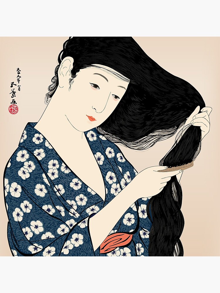 Hashiguchi Goyo - Woman in Blue Combing Her Hair by Martstore