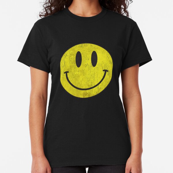 Ladies Black Old Skool Smilie happy smile Face T-Shirt Shirt Retro Rave 90s