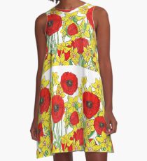 Yellow Daffodils And Red Poppy Field Watercolor Flowers A-Line Dress