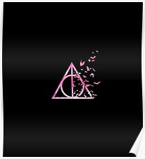 HP Hallows with bats (pink watercolors) - wand, cloak, stone Poster