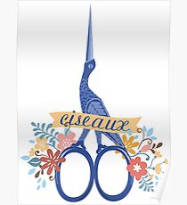 Pretty blue bird stork sewing scissors French ciseaux Poster