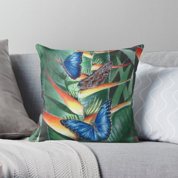 heliconia and morphos Throw Pillow