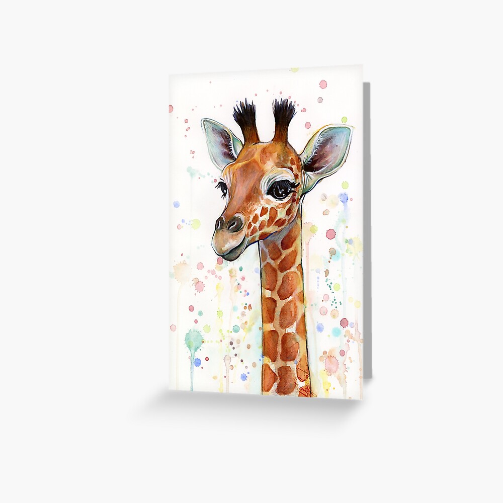 Baby Giraffe Watercolor Painting, Nursery Art Greeting Card